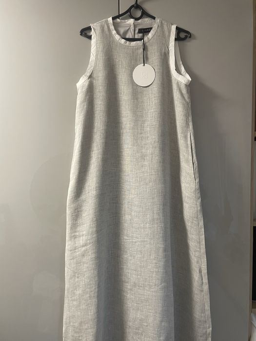 Lniana szara sukienka maxi Piano