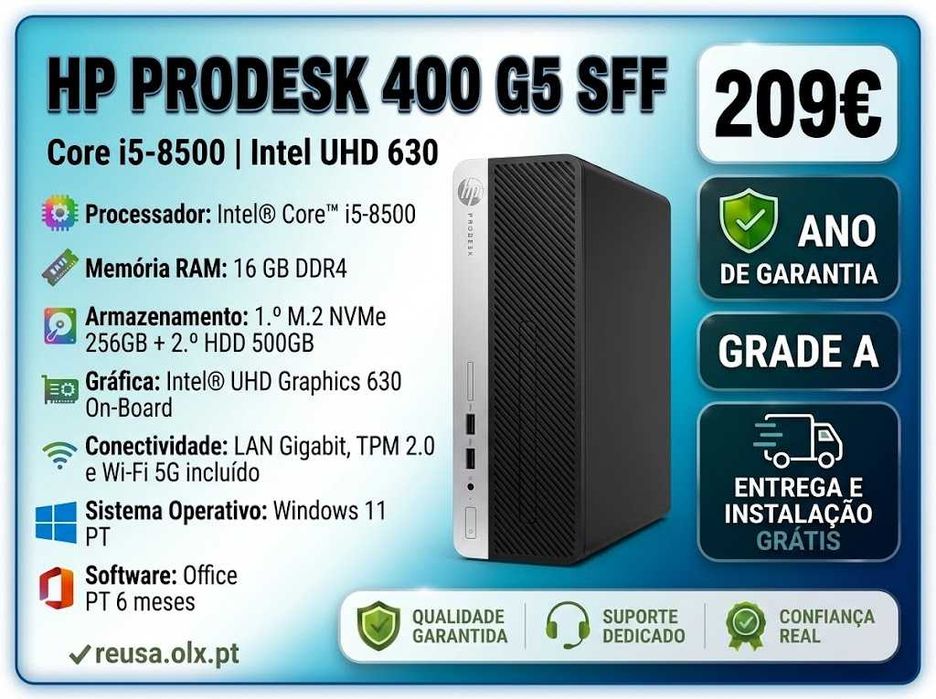 Desktop HP 400G5 SFF | i5-8500 | 16GB DDR4 | NVMe 256GB + HDD 500GB | WiFi | W11