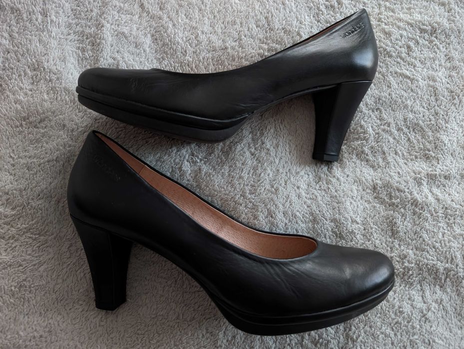 Nowe czarne skórzane buty na obcasie platformie szpilki Wonders 38