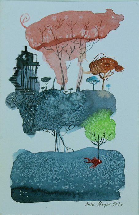 Aguarela original de Carlos Marques. Fantasia, surreal, 3 mundos