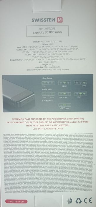 Swissten Power Bank For Laptop 30000 mAh 133W PD Grey
