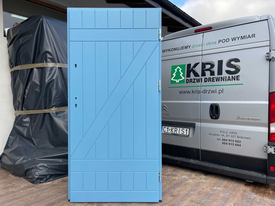 Drzwi zewnętrzne drewniane ocieplane niebieskie wszystkie kolory
