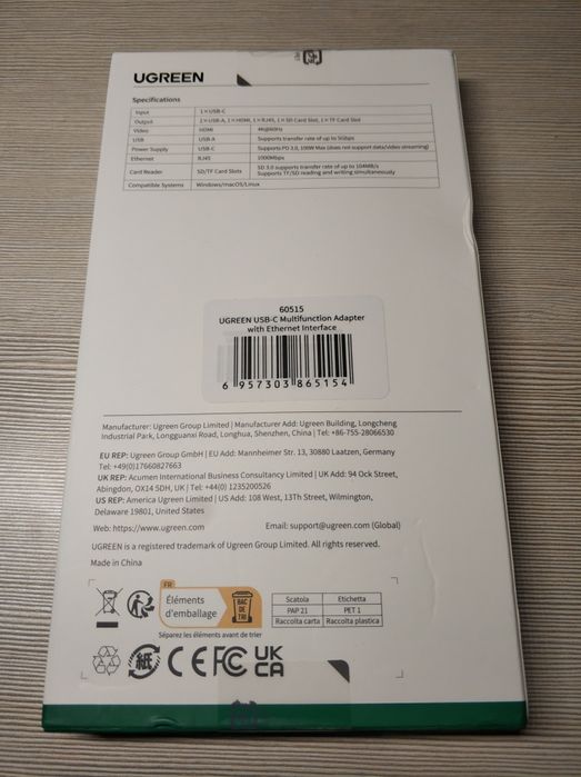 Ugreen USB hub 7 in 1 Type-C: HDMI 4K 60Hz, RJ45, PD 100W, картридер