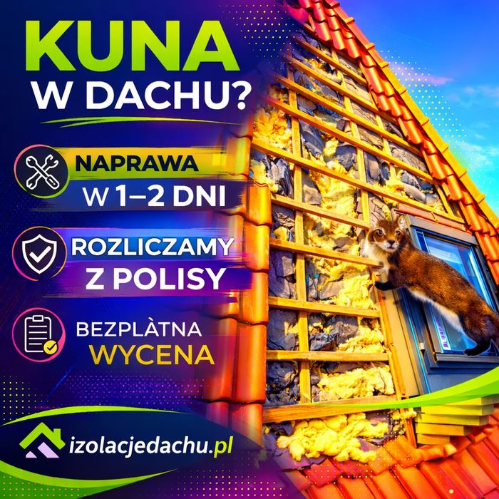 Naprawy dachów po kunach / kuna na dachu /  Izolacje pianą i celulozą