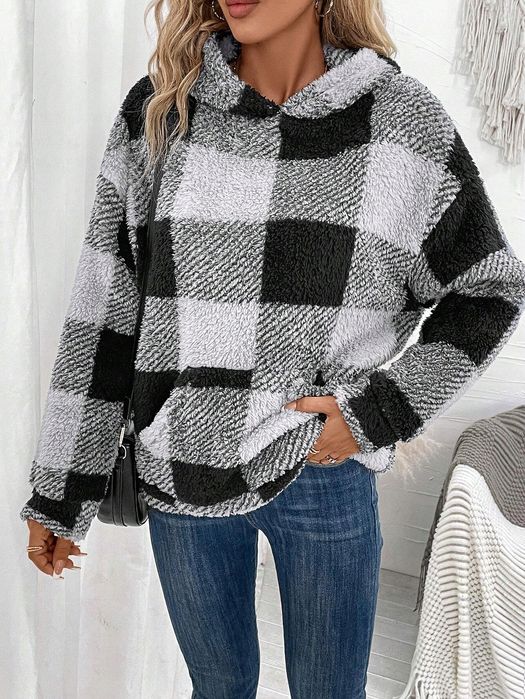 Bluza Teddy Bear Pullover W Kratkę Kangurek Szara Casual Shein Xl 42