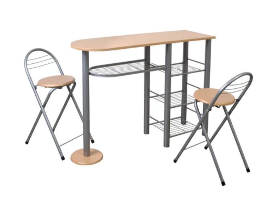 Conjunto de Mesa de Bar/Cozinha com 2 Bancos Dobráveis e Arrumação