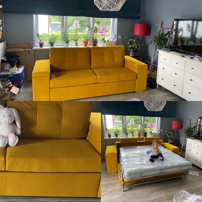 Musztardowa sofa z funkcją spania - meble Potocki