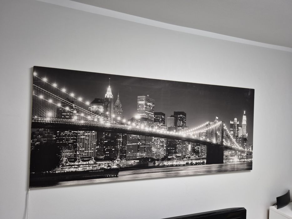 Obraz podswietlany czarno biały na płótnie most Brukliński Nowy Jork M