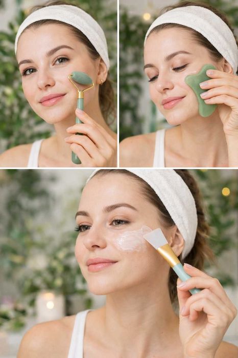 Roller jadeitowy gua sha zestaw + pędzel masaż twarzy lifting spa nowy