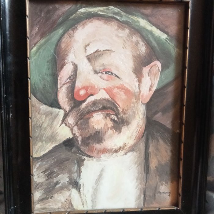 Stary obraz gwasz tempera Pijak Sygnowany. Hans Hartung ,Oryginał