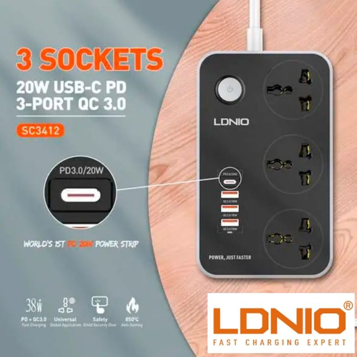Удлинитель LDNIO SC3412 сетевой фильтр QC зарядка 3 220+3USB+1TypeC PD