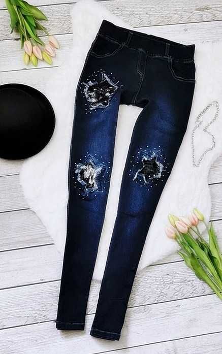 Spodnie Jeansy Tregginsy Rurki Wysoki Stan Zdobione Cekiny Boho Rock S
