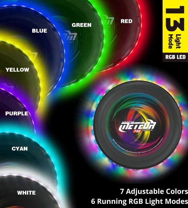 Disco voador Meteor Pro, Frisbee com luz RGB com 41 LED, 13 modos de luz, recarregável por, 27cm