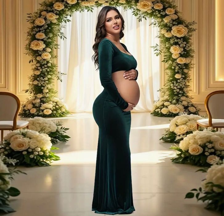Елегантна бархатна зелена сукня для фотосесії вагітних