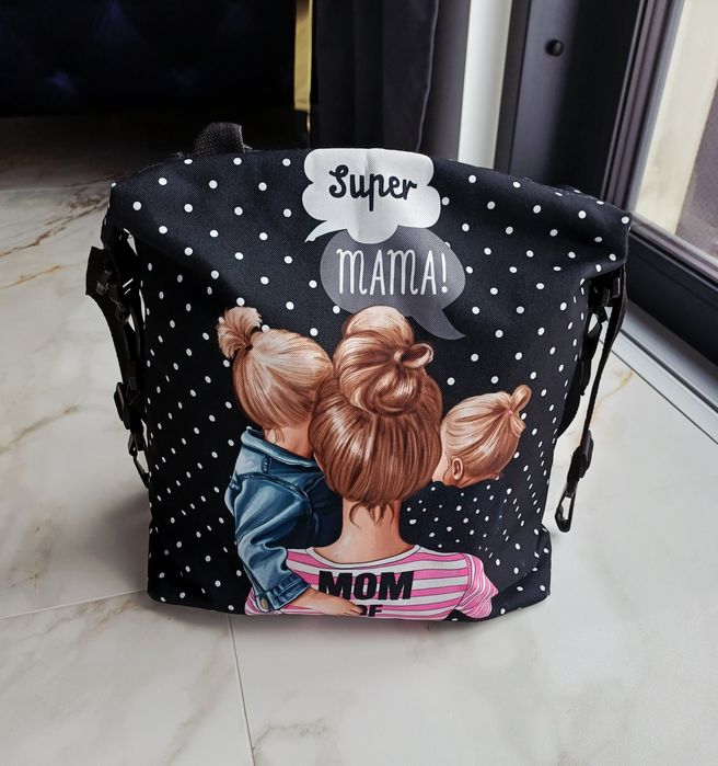 Torba czarna mom super mama w kropki na wózek podróżna pakowna duża