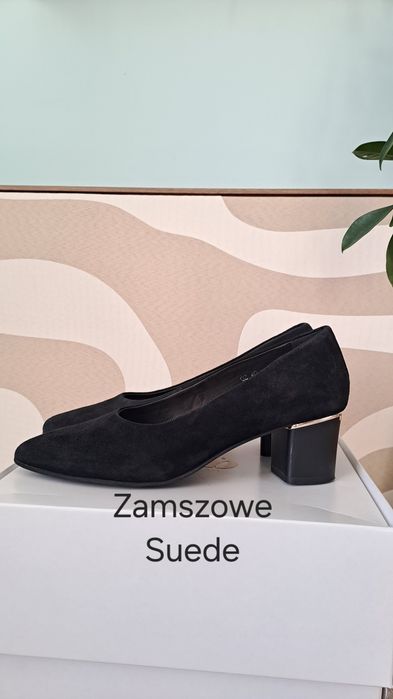 Czółenka zamszowa Lasocki obcas eleganckie skórzane