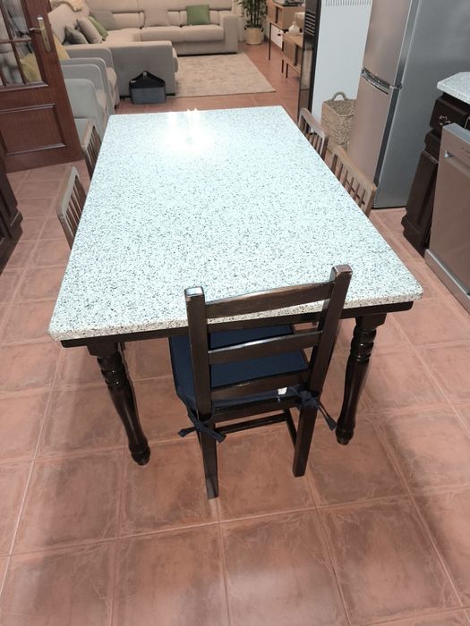 Mesa madeira maciça com pedra mármore