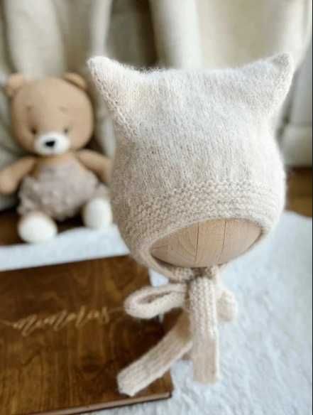 Czapeczka bonetka z uszkami kotka kitty alpaka jedwab nowa