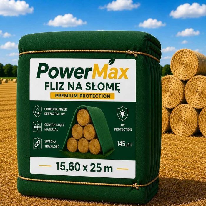Fliz do słomy, fliz na siano i fliz do bel o wymiarach 15,6 x 25 m i gramaturze 145 g/m² tym rozmiarem przykryjesz 200 bel o średnicy 180 cm
