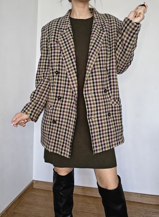 Płaszcz Australia lambswool wełniany jagnięca 38 pepitka krata klasycz