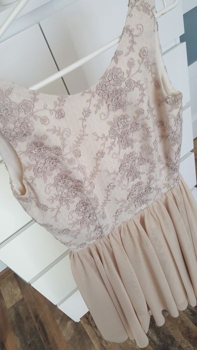 Sukienka jasna wesele bal beżowa tiul koronka S