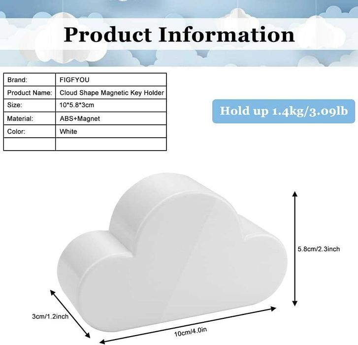 Klucz ścienny Magnetyczny Hak, [Zestaw 2] białe chmurki