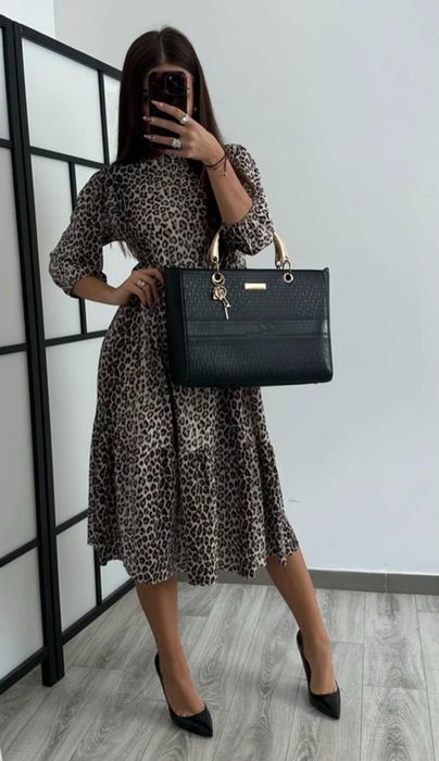 Zara sukienka midi w panterke falbanki S/M