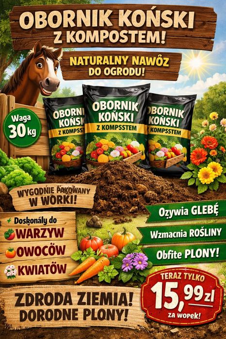 Naturalny nawóz koński z kompostem, bez chemii