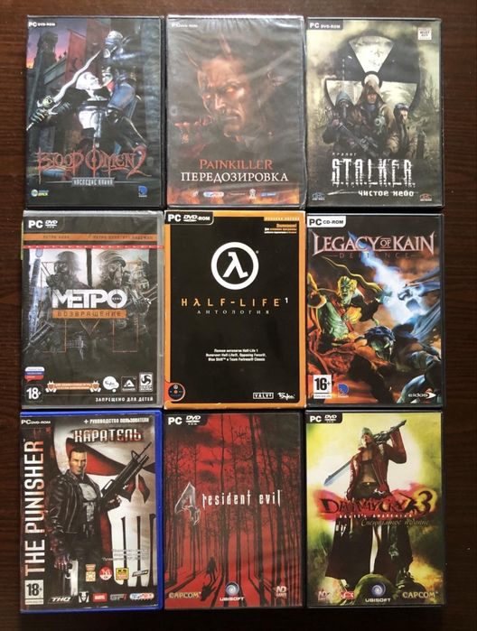 Ігри на ПК: Метро Resident Evil, Postal Painkiller Stalker Fallout Half-Life Devil May Cry, Каратель Blood Omen Wolfenstein Ведьмак Казаки Предтечи