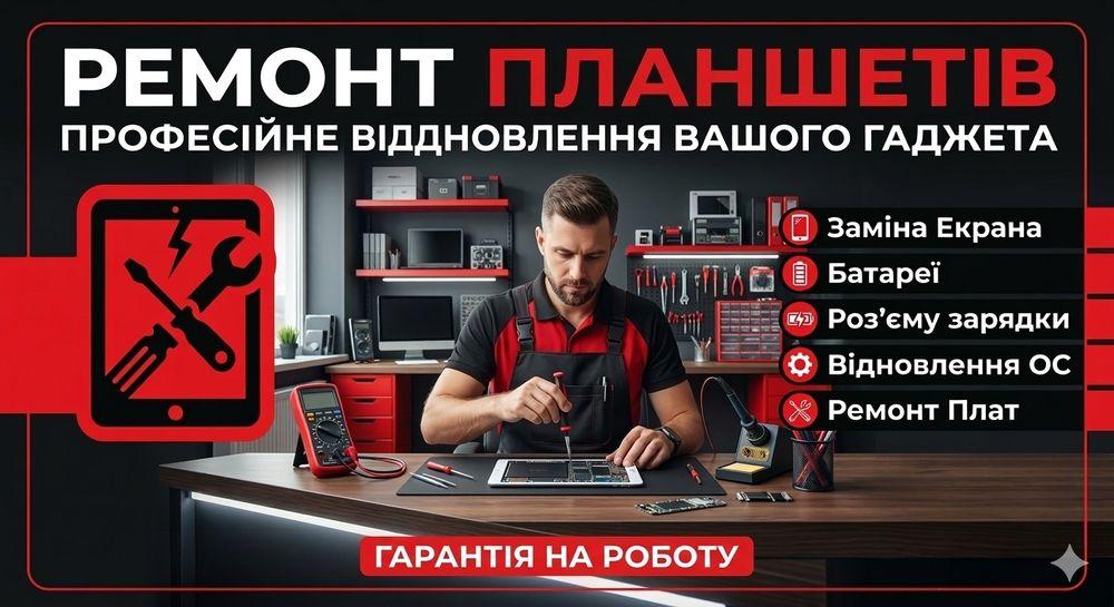 Ремонт планшетів. Заміна сенсора, екрану, гнізда зарядки.