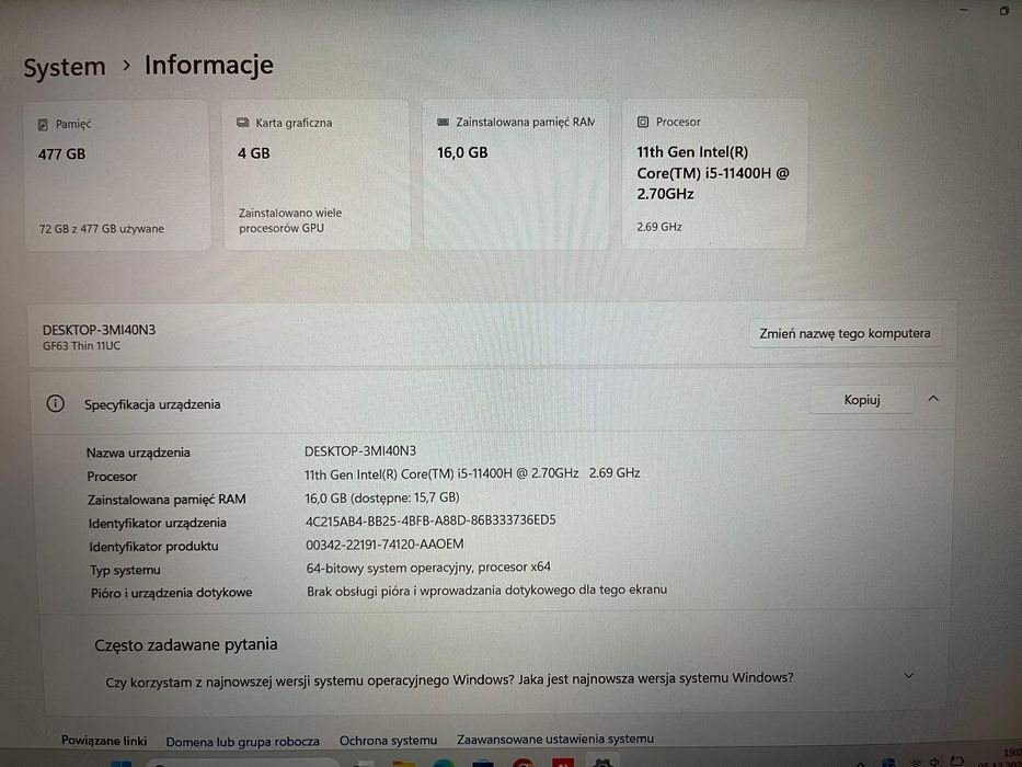 Notebook MSI GF63 Thin i5