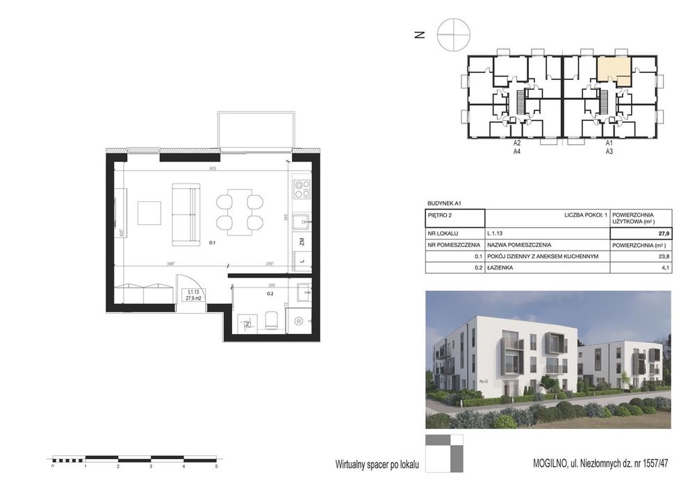 NOWE mieszkanie-Kawalerka z Balkonem Mogilno/27,8 m2 + balkon 2,5m2