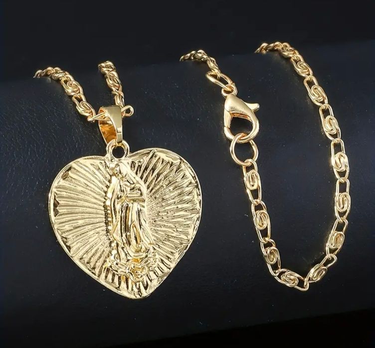 Złoty łańcuszek naszyjnik z Medalikiem Serce Religijny z Maryją