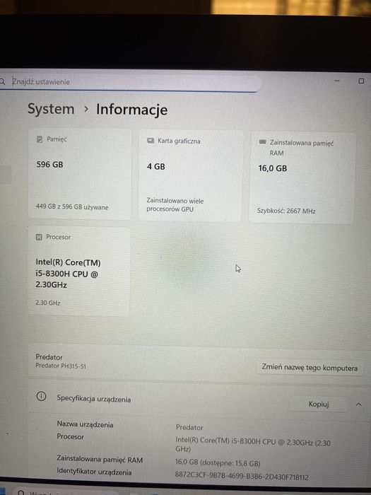 Sprzedam Laptop Gamingowy Acer Predator Helios 300
