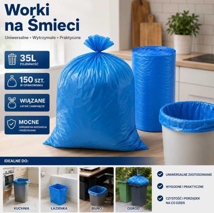 Worki na Śmieci 35L 150 szt. Uniwersalne Worki Wiązane Mocne Niebieskie