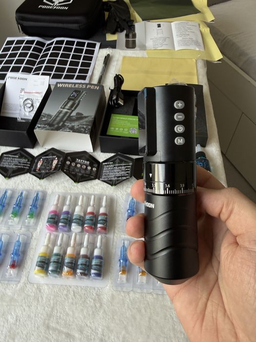 Kit Tatuagem Profissional COMPLETO | Máquina Pen Sem fios, Pele Treino, Instruções, Stroke Regulável