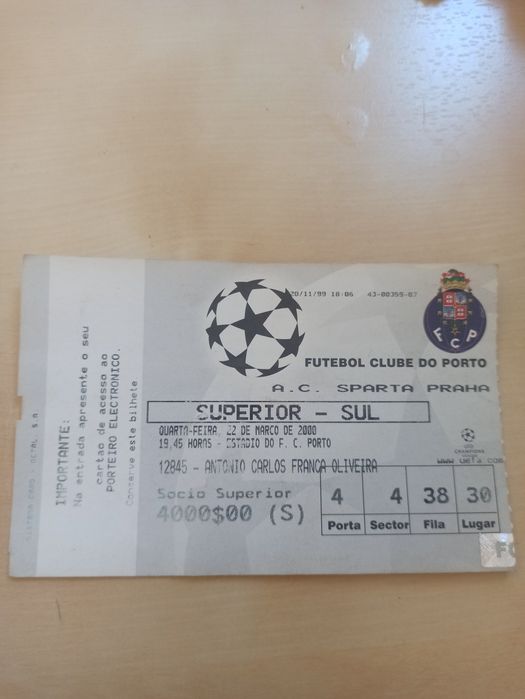 Bilhete da Champions - FCP - Sparta de Praga