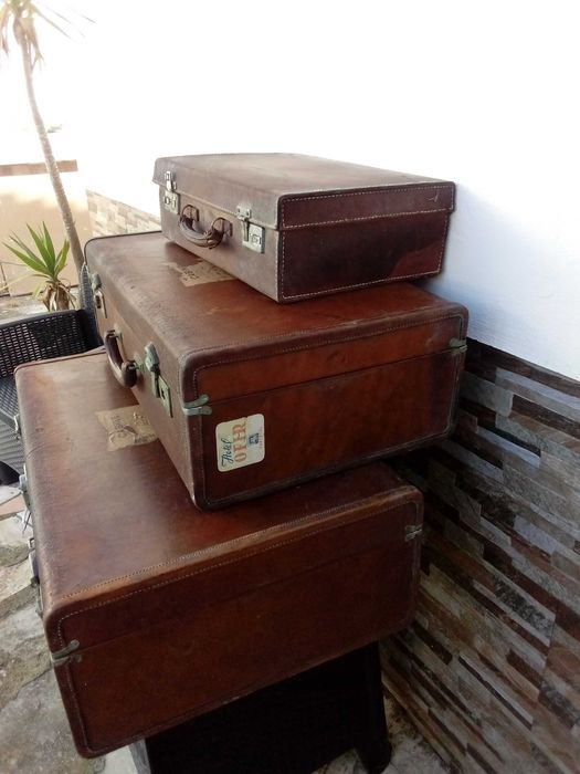 BAIXA DE PREÇO - Conj de 3 Malas Couro Vintage ANOS 40