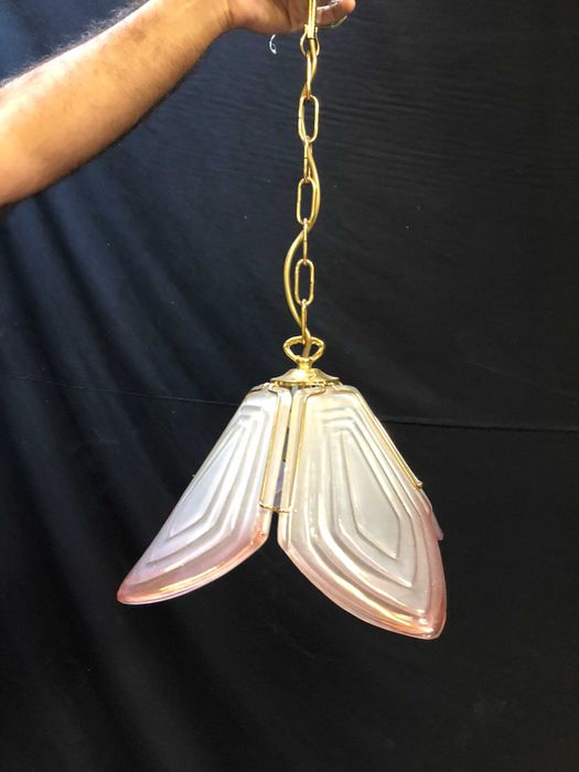 Candeeiro Art Deco Dourado  Vidro Rosa
