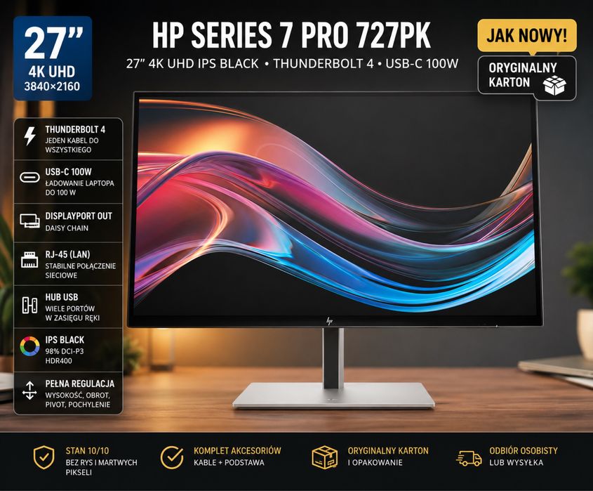 FV | Monitor HP Series 7 Pro 727pk 27” 4K IPS Black Thunderbolt 4 | USB-C 100W | Jak nowy