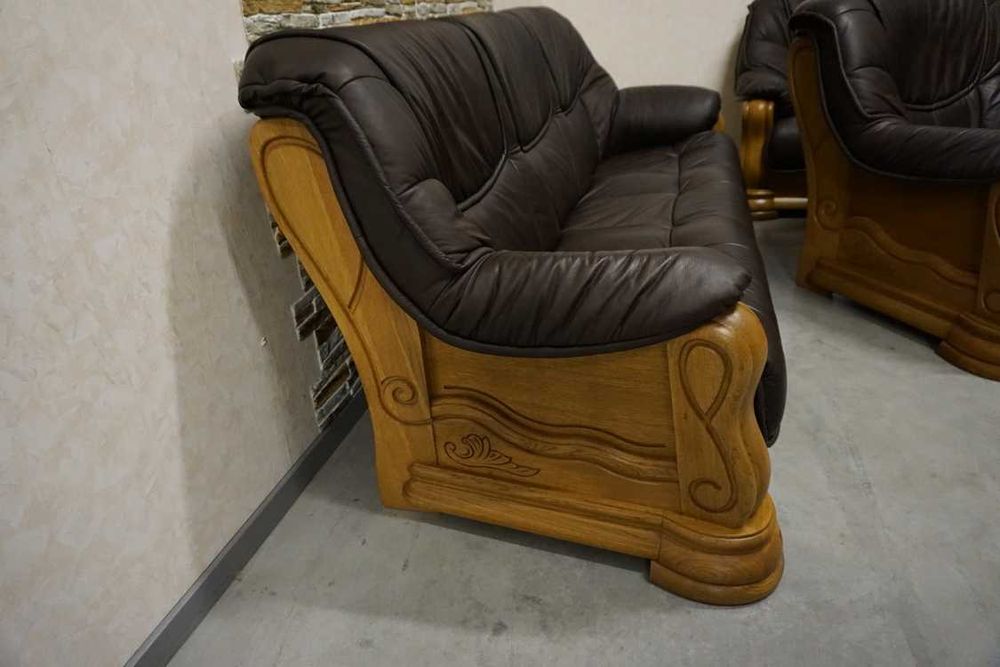 Zestaw na Stelażu Dębowym Skóra Brązowa Naturalna 3+2+1 (w-1118)