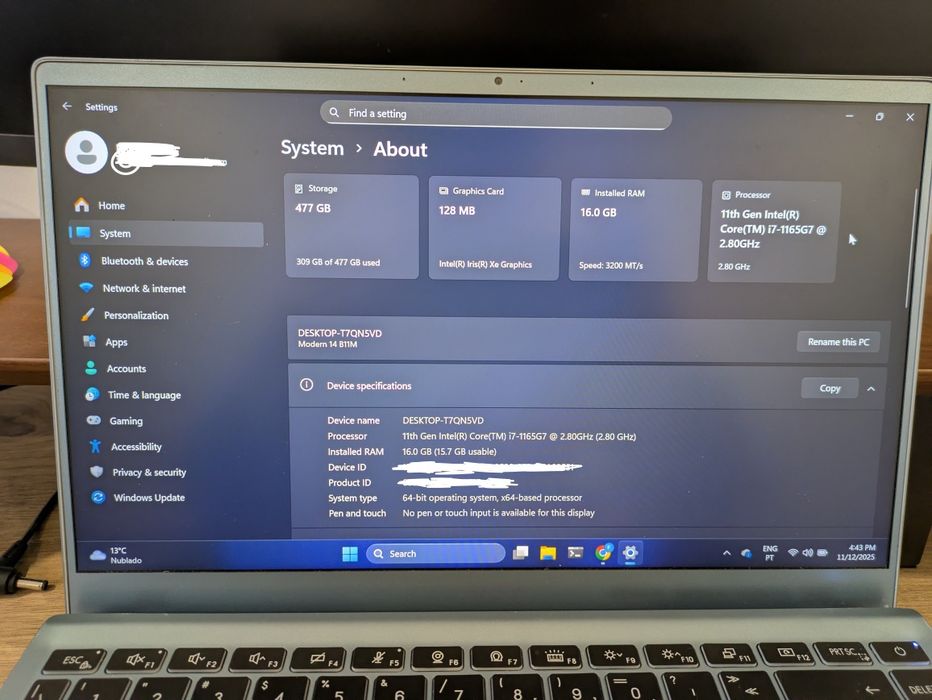 Portátil MSI Modern 14 B11M [Intel i7 11 gen/ 16gb Ram]