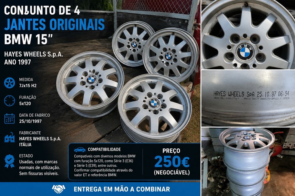 Conjunto de 4 Jantes Originais BMW 15" (7Jx15 H2) – Hayes Wheels – Ano 1997