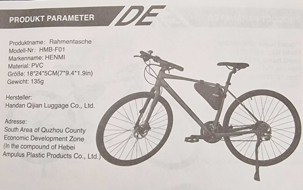 Bolsa triangular de quadro para bicicleta da marca Henmi