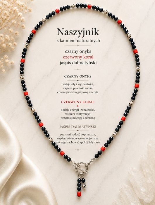 naszyjnik z czarnego onyksu, korala I jaspisu dalmatynskiego