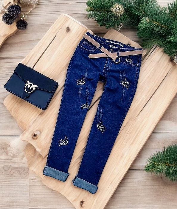 Spodnie Dżinsy Jeansy Haftowane Haft Ptaki Boyfriend Mom Boho Retro