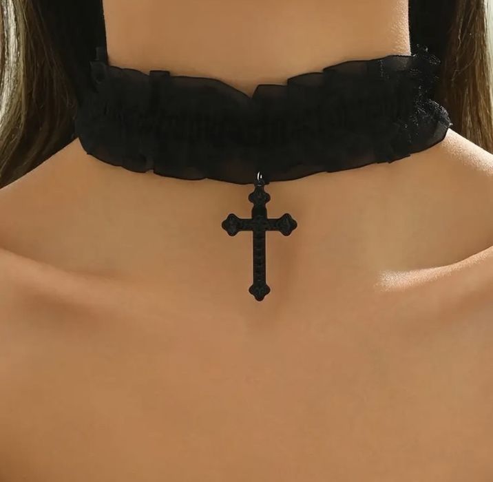 Новий мереживний чокер з хрестиком, чокер з хрестом, тканинний чокер