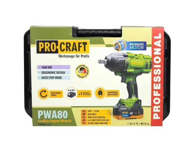 Акумуляторний гайковерт в кейсі 20В (з 1 АКБ та ЗП) Procraft PWA80