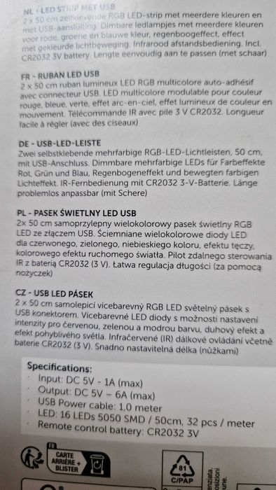 Pasek świetlny led USB 2x50cm Nowy z pilotem