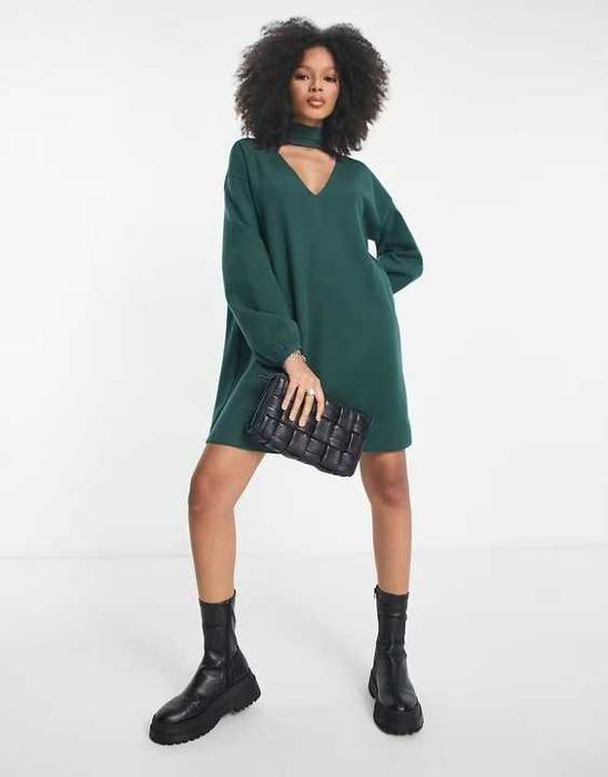 Asos Zielona Sukienka Dzianinowa Sweter Choker Boho Retro Oversize